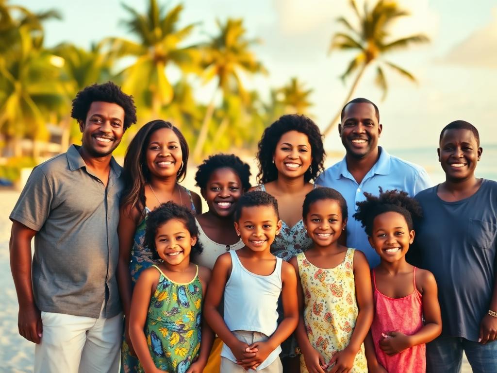 2014 reunion — extended family at golden hour on a Montego Bay beach