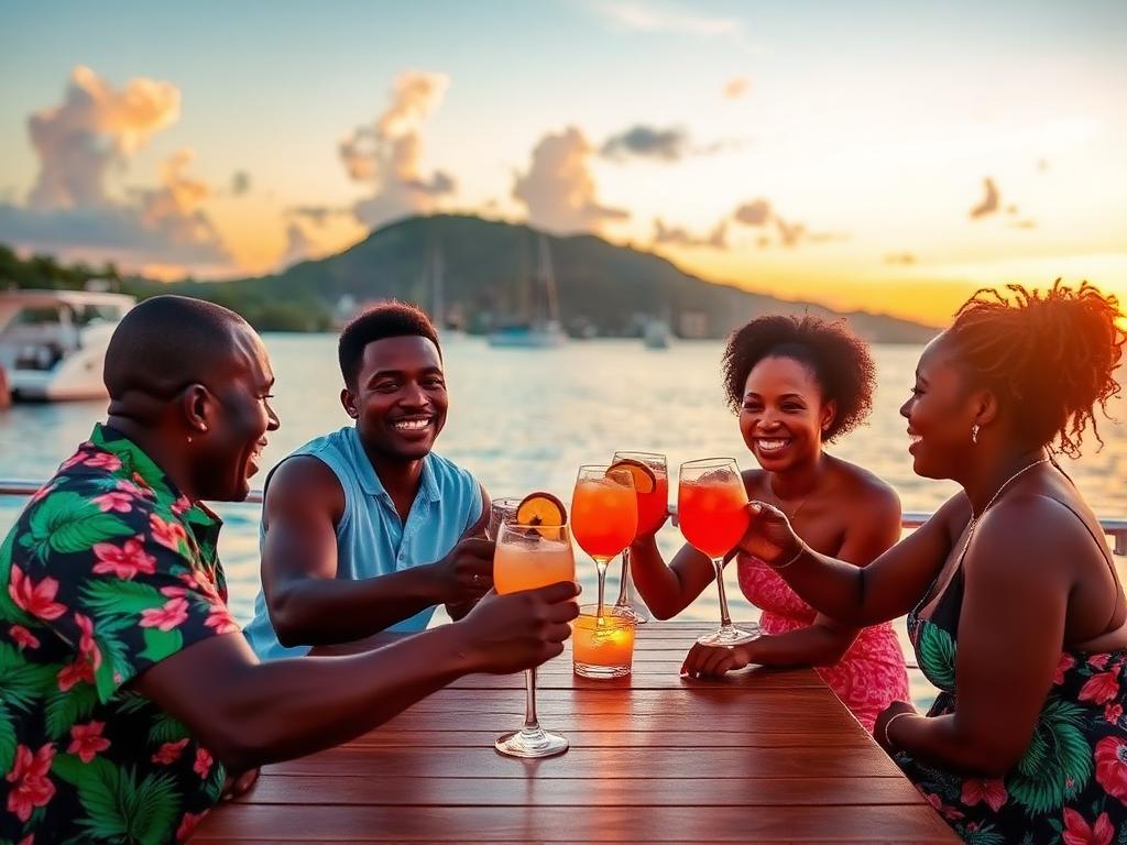 2014 reunion — toasting tropical drinks on the Montego Bay waterfront