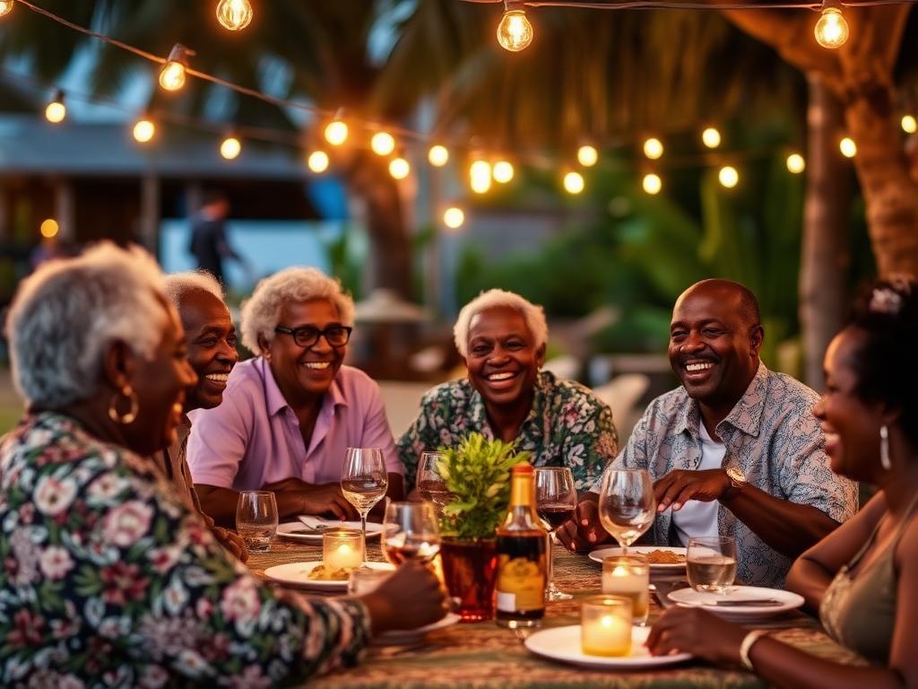 2014 reunion — elders laughing together at an outdoor dinner with string lights