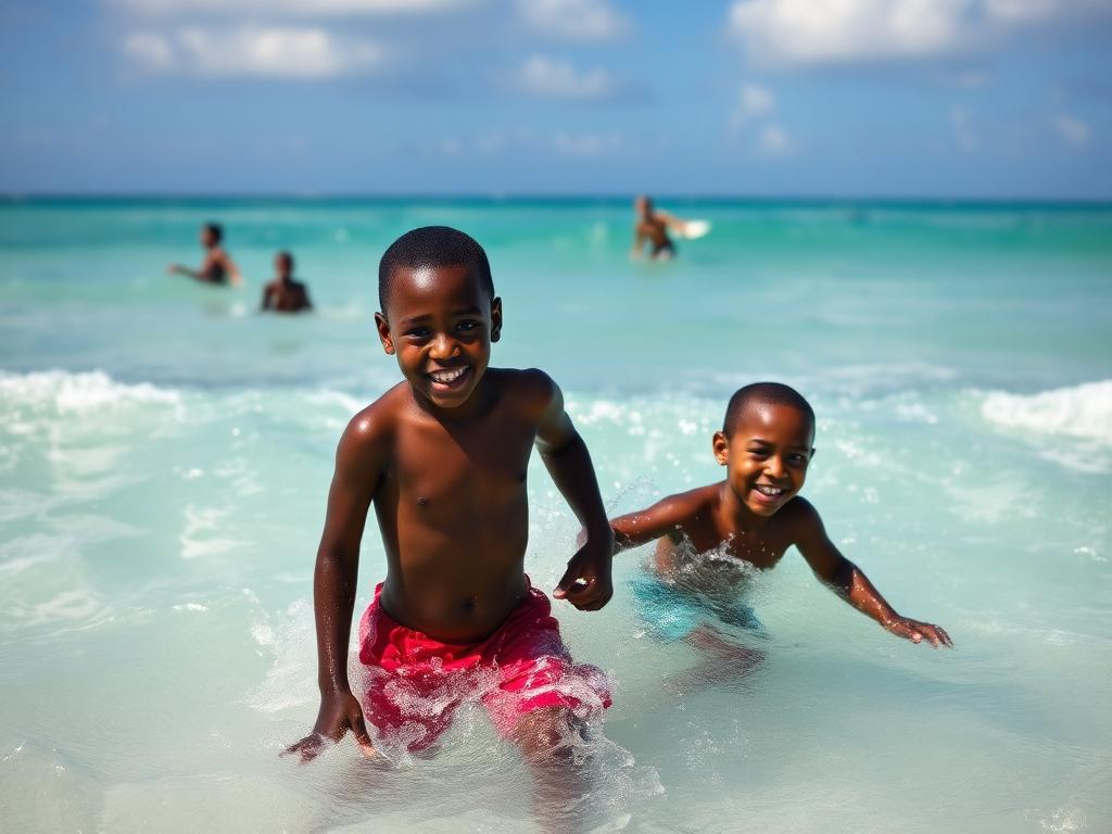 2014 reunion — cousins playing in turquoise Caribbean surf