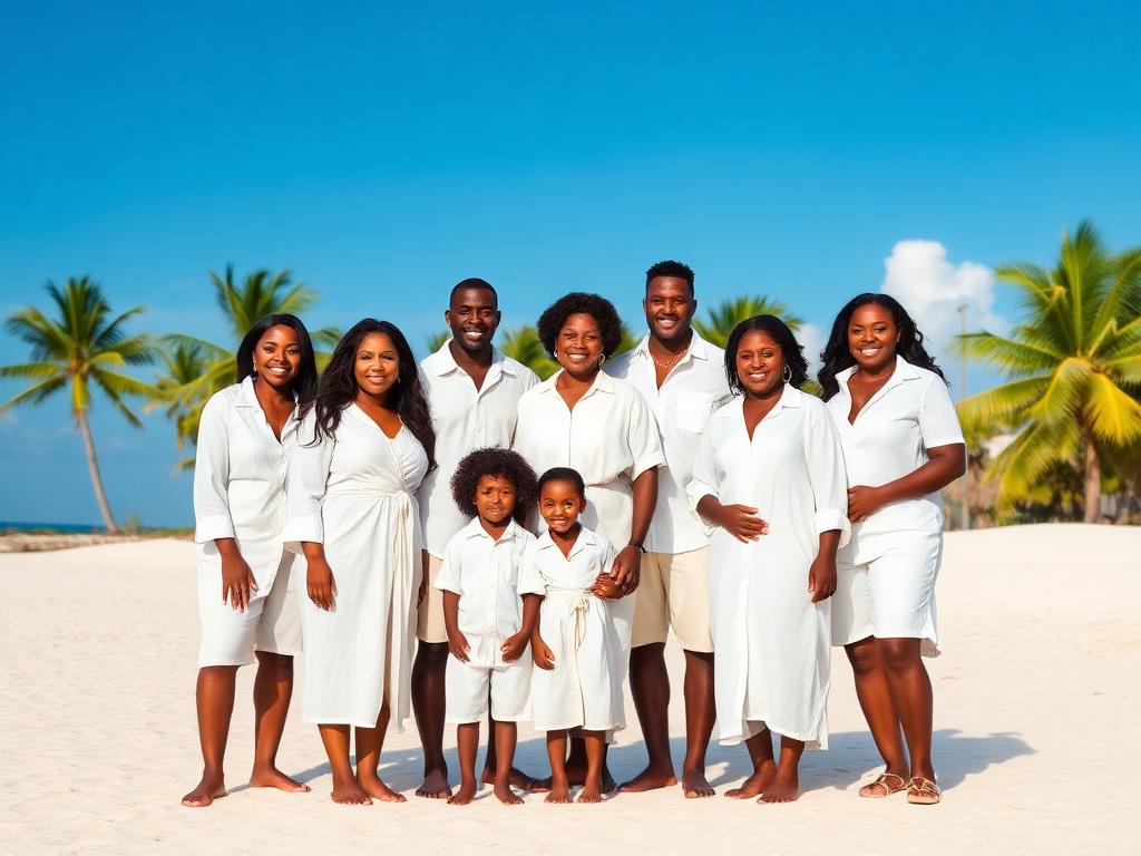 2014 reunion — full family in matching white linen on the beach