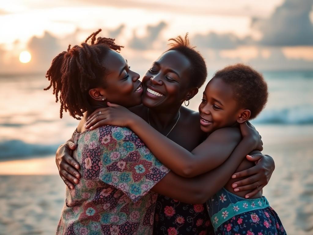 2014 reunion — grandmother hugging grandchildren at sunset