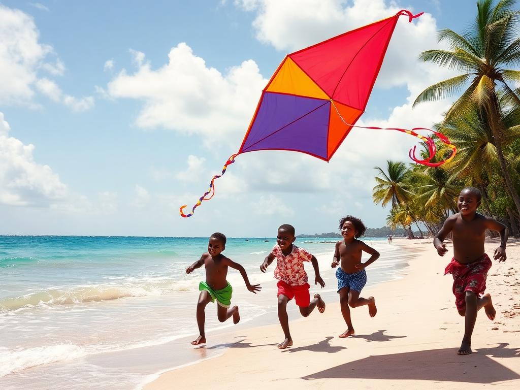 2014 reunion — children flying a colorful kite on the beach