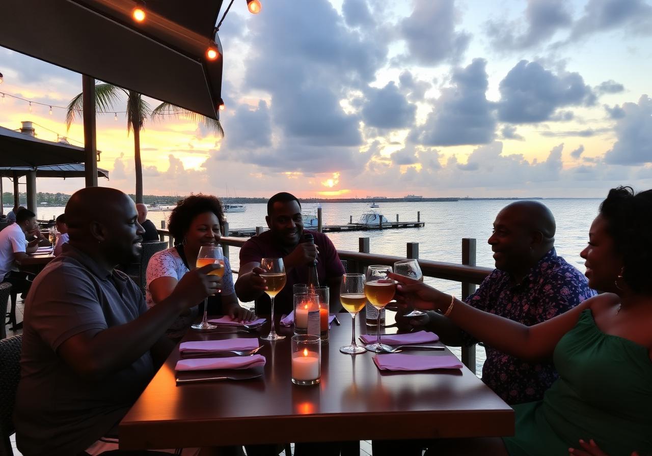 2024 reunion — toasting drinks on the waterfront at sunset