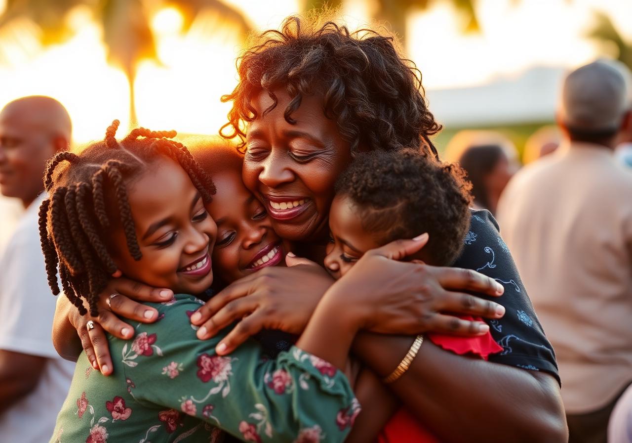 2024 reunion — grandmother hugging her grandchildren at sunset