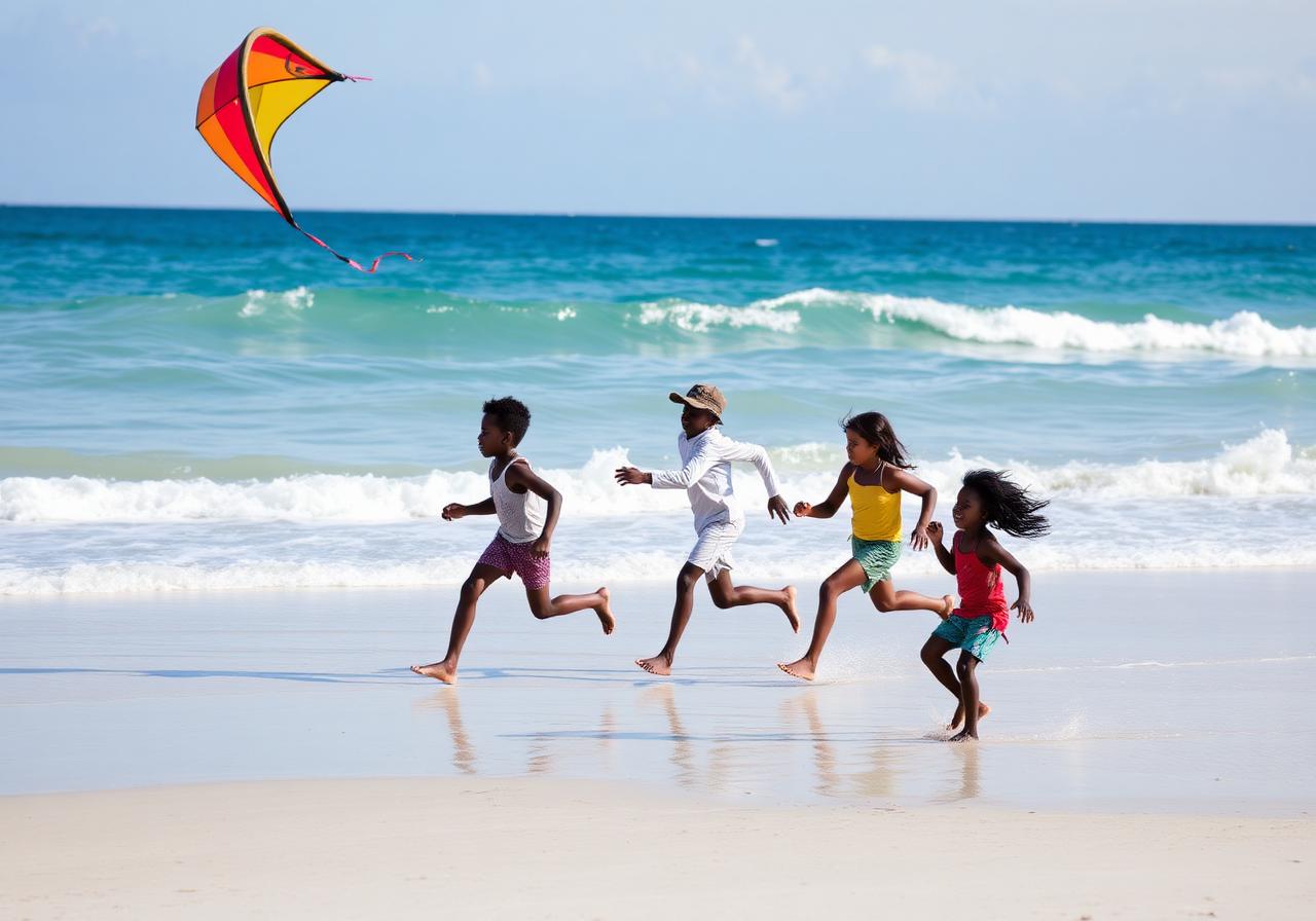 2024 reunion — children running with a kite on the beach
