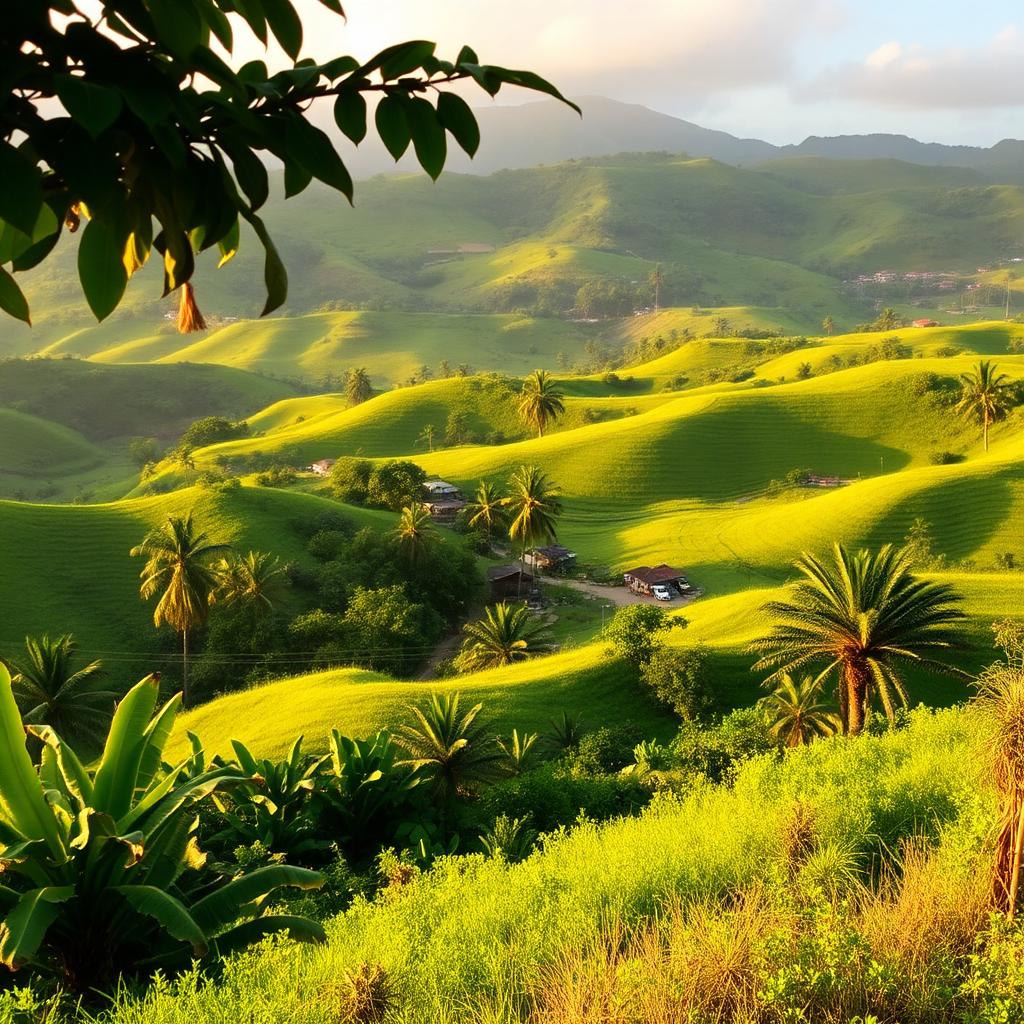 The lush green hills of Saint Mary, Jamaica at golden hour