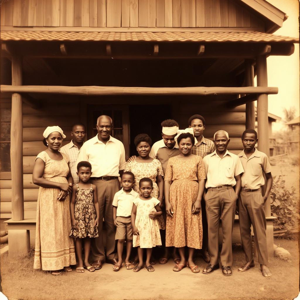 A vintage family portrait of multiple generations gathered outside a country home