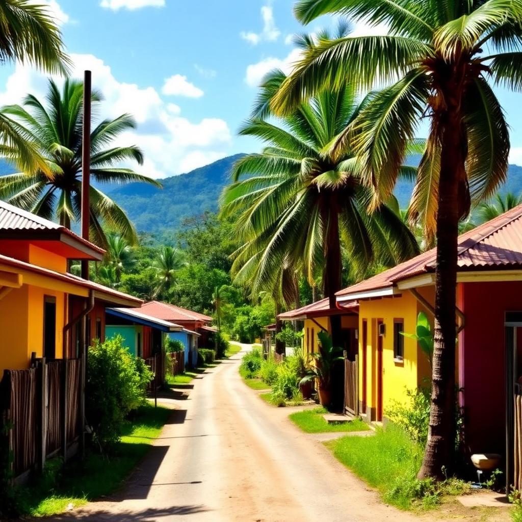 A colorful village road in Gayle, Saint Mary, lined with palm trees