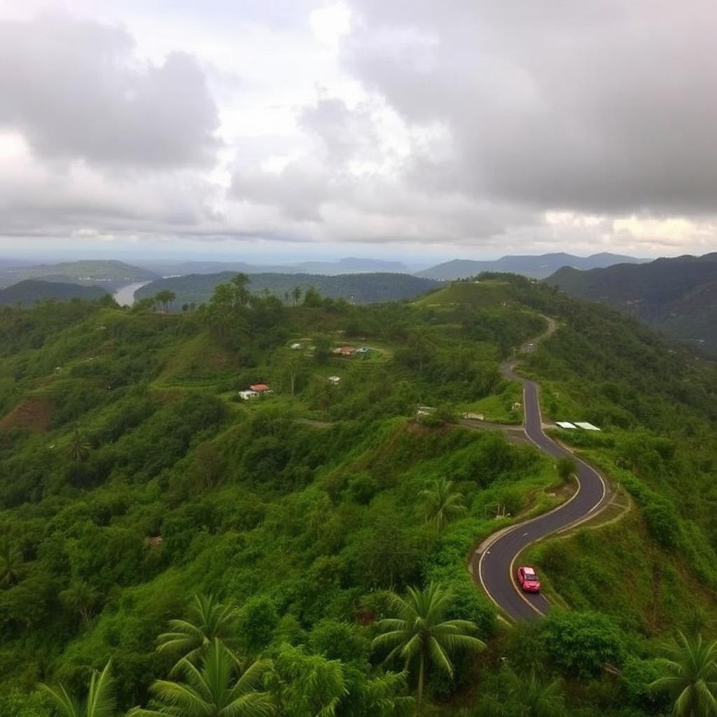 A panoramic view from Lucky Hill, Saint Mary, with winding roads and lush mountains